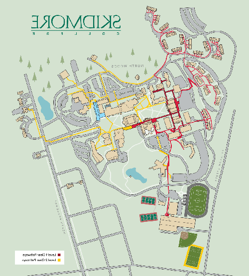 Map of skidmore campus with highlighted routes for safe walkways