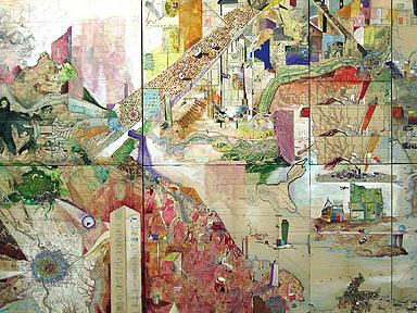 杰克多尔曼, Sum，(细节)2006，墨水，丙烯和木制面板上的古董地图，64 x 36英寸